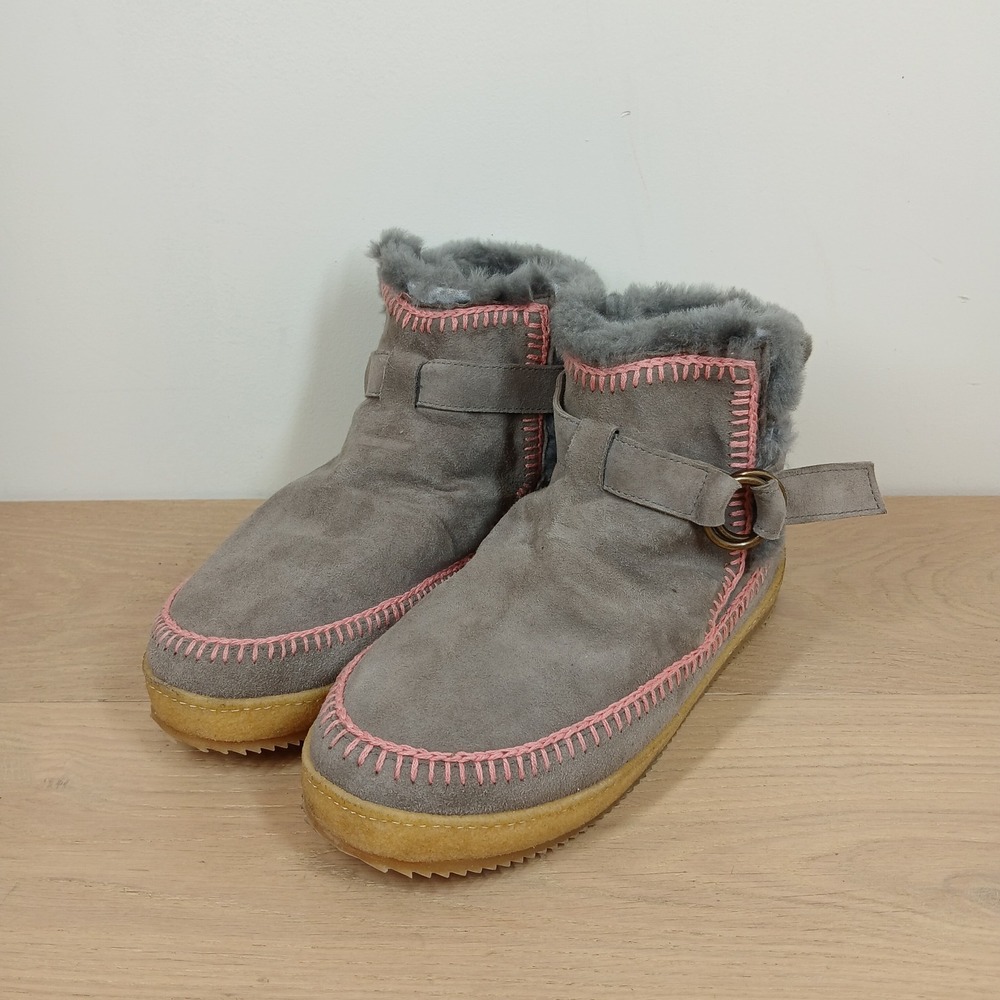 Laidback London Ankle Boots Women 11 Gray Suede Pink Whipstitch Fur Lining